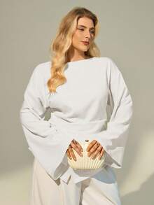 Auralis Plus Size Women Boat Neck Flare Sleeve Loose Fashion Top Bell Sleeves