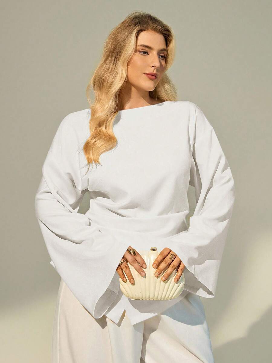 Auralis Plus Size Women Boat Neck Flare Sleeve Loose Fashion Top Bell Sleeves