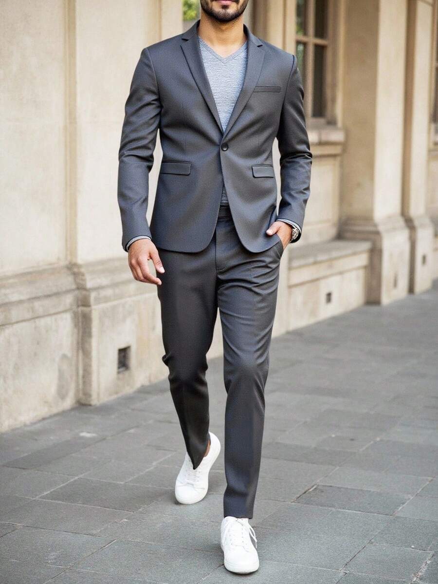 Calvornis Men's Classic Collar Long Sleeve Buttoned Shirt With Mock Pockets And Dress Pants Suit - Grey - View 1