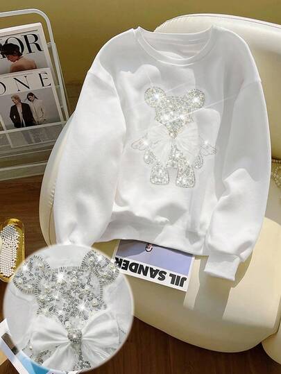 Resyla 女士宽松串珠亮片3D钻石蝴蝶结小熊卫衣，秋冬卫衣，女士礼物，秋季卫衣，节日卫衣，时尚，串珠亮片卫衣，时尚漂亮的卫衣，送给兄弟姐妹的礼物，送给姐妹的礼物，有趣的卫衣，休闲，简约，时尚卫衣