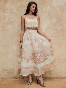 Lumalex VITNOS New Spring Collection, Luxury Vintage-Inspired Floral Border Print High-Waist Maxi Skirt – Lightweight Sheer Chiffon, Soft A-Line Silhouette, Elegant Flowing Hem, Summer Resort & Occasion Wear, New Year Glamour, Brown Skit, Elegant For Parties, New Year Parties, Holiday Party Guide, Elegant Skirt - Multicolor - View 7