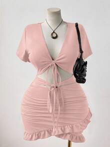 Sunspun 大码女式纯色性感V领系带褶饰腰部镂空紧身连衣裙 - 粉色 - 查看 1