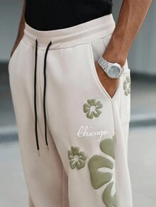 Manfinity Hypemode Men's Letter & Floral Print Drawstring Waist Pockets Wide Leg Loose Casual Sweatpants, Flower Pants Men, Men Sweatpants Baggy, Cream Joggers Men, Joggers With Flowers, Sweatpants With Flowers, 2000s Style