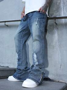 Manfinity Roughcore Quần Jeans Nam Ống Thẳng Rách Thời Trang Đường Phố Thường Ngày Quần Jeans Nam Xếp Chồng - Rửa trung bình - Xem 5