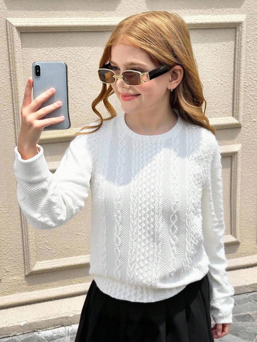SHEIN 青少年女孩宽松休闲圆领套头衫,纹理针织简约长袖运动衫,秋冬季返校和日常穿着,秋季服装,冬季服装,圣诞节运动衫,圣诞节服装 - 白色 - 查看 1