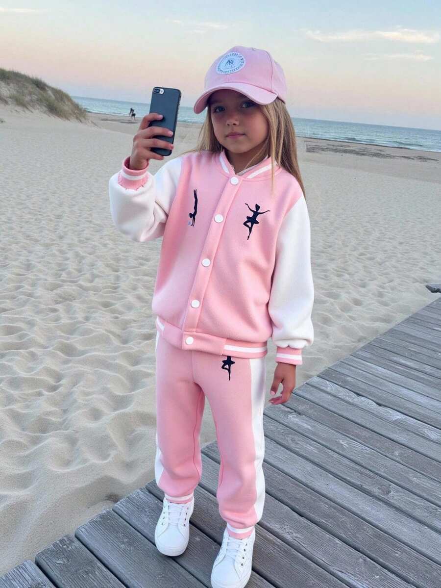 SHEIN Elladie kids Strój dla młodej dziewczyny, baleriny, z nadrukiem w bloki kolorów, z długim rękawem, kurtka i spodnie, swobodny strój na jesień/zimę - Wielokolorowe - Zobacz 1