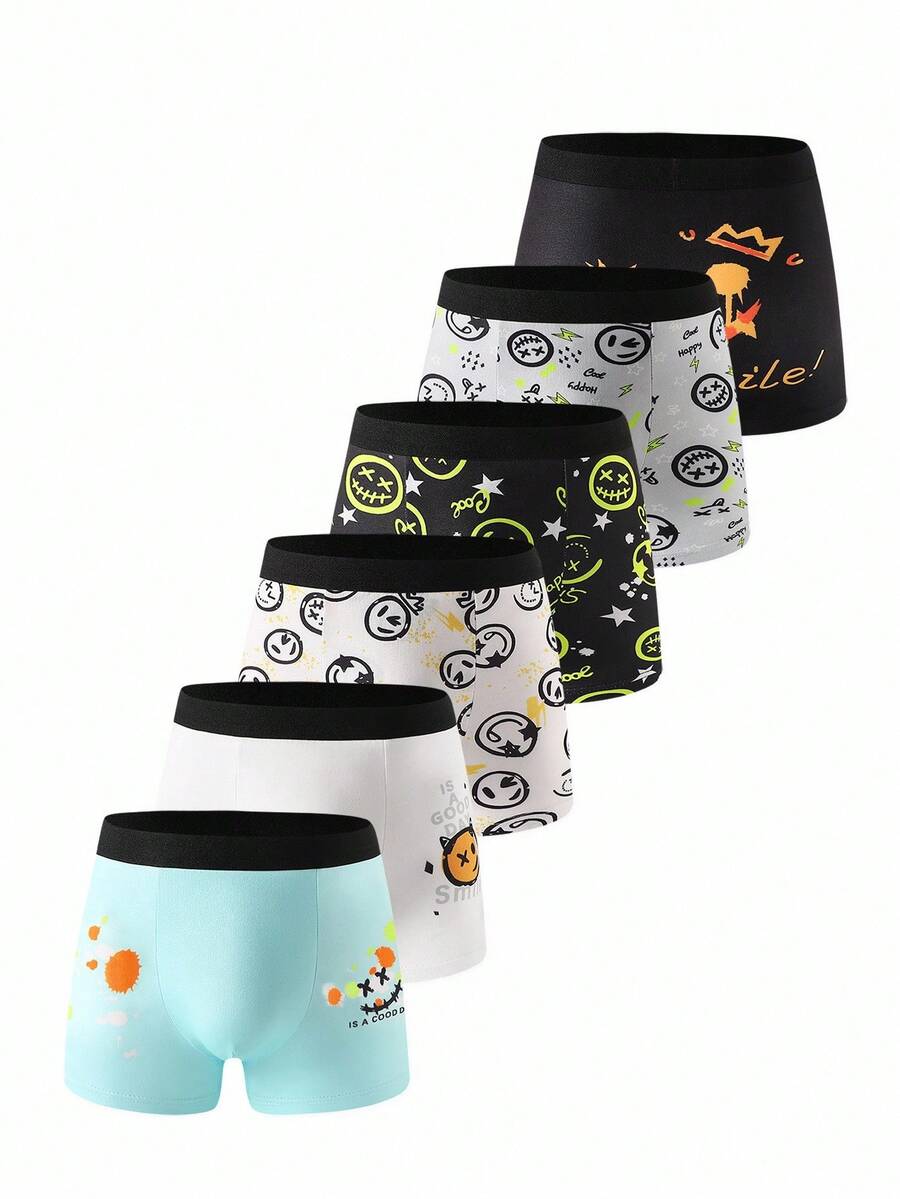 6件装男童笑脸图案舒适成长内裤，平角内裤 - 彩色 - 查看 1