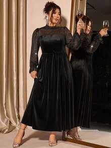 Cravure Plus Size Women Mesh & Velvet Elegant Puff Sleeve Dress, Waist Cinched, Suitable For Party
