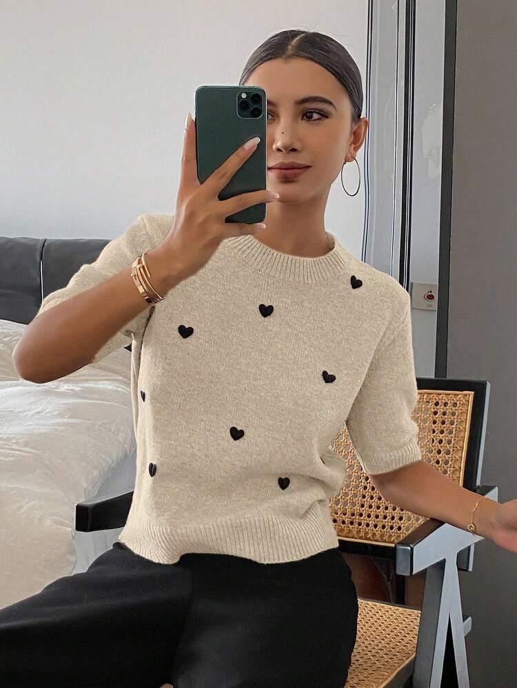 Heart Decor Loose Fit Short Sleeve Crew Neck Casual Knit Top For Women, Spring/Autumn