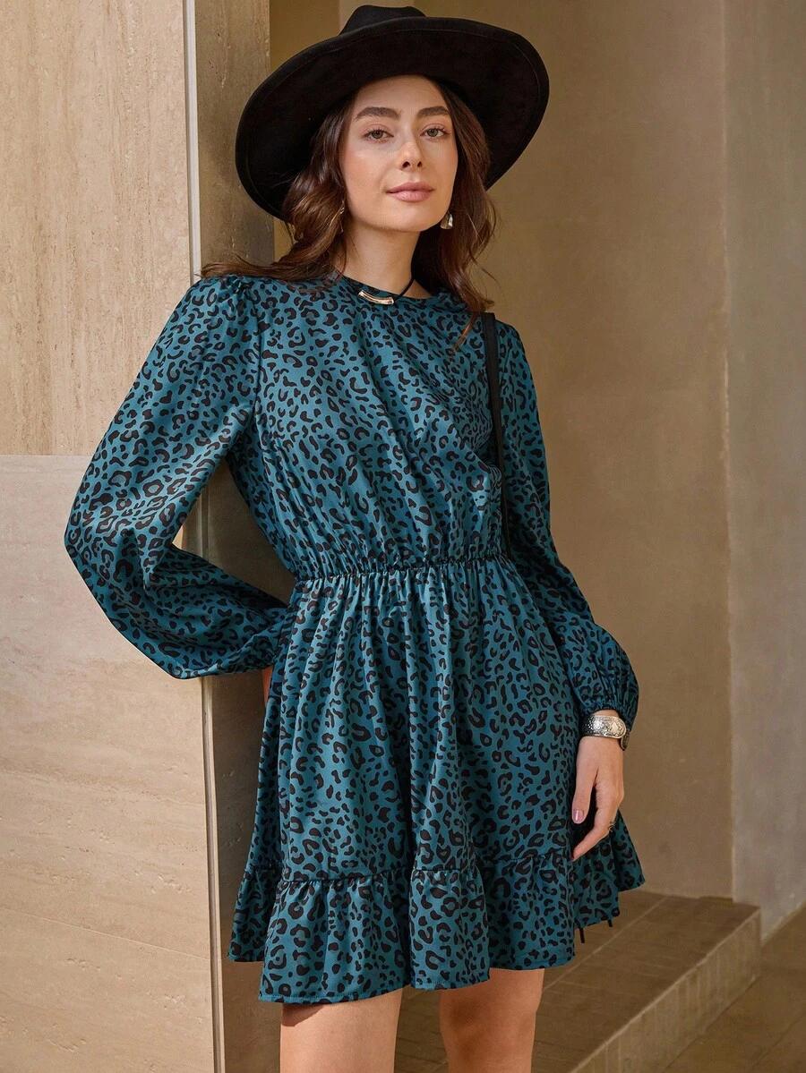 Wildy Bohemian Countryside Casual Leopard Print Blue Ruffle Hem Teacher ...