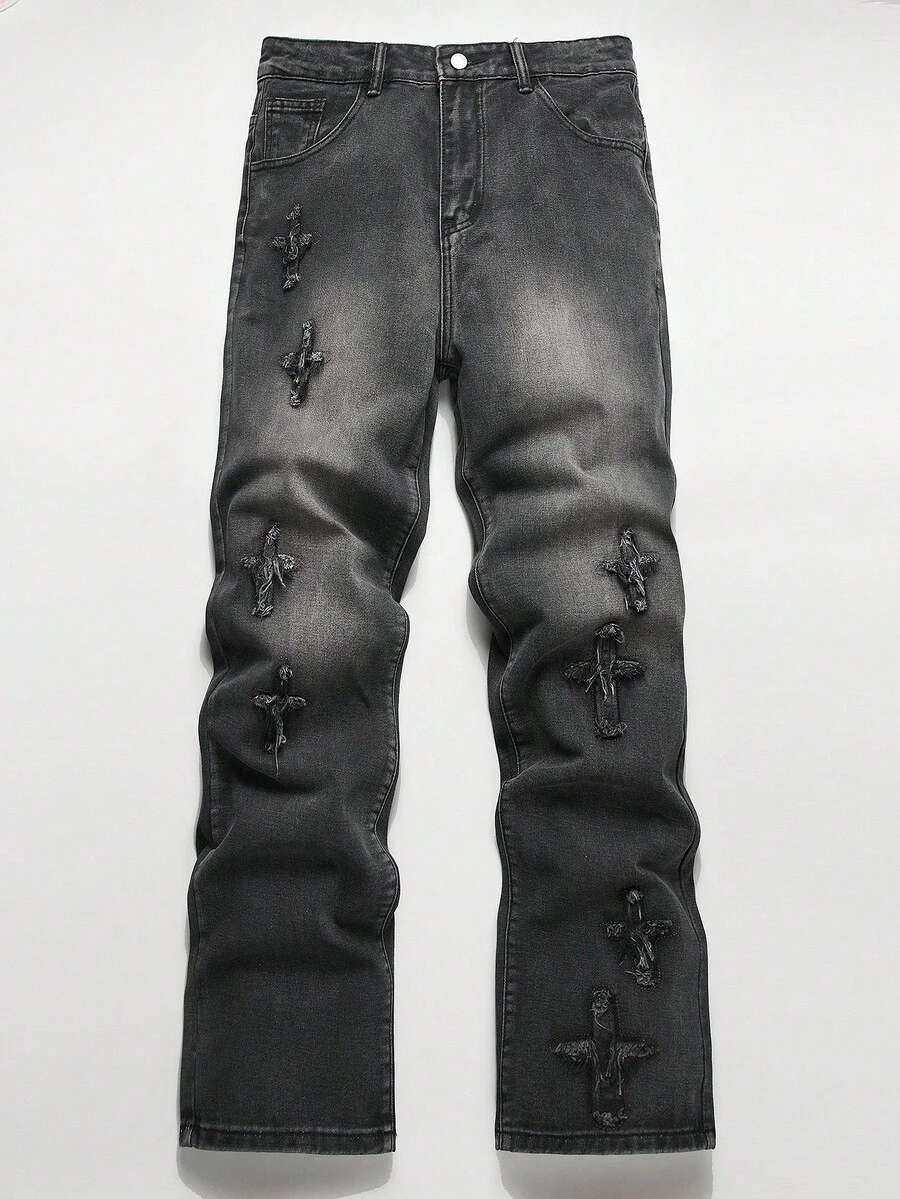 Manfinity EMRG Y2K 复古街头服饰男款浅蓝色水洗牛仔宽腿裤，带星星贴片 - 深灰色 - 查看 1