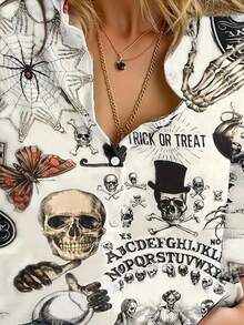 EMERY ROSE 女士加大码万圣节骷髅南瓜印花纽扣衬衫 - 休闲长袖衬衫，可机洗，欧美风格，随机印花，万圣节衬衫，女士秋季款 - 彩色 - 查看 3