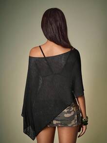 Y2Kool BiGraphic Black Hollow Out Knit Cover Up, Versatile Top For Women Fall Winter Tops Knit Tops Off Shoulder Top Casual Off Shoulder Tops Batwing Top Off Shoulder Mesh Poncho Top Off Shoulder Shirts Stylish Clothing Collection New Year Outfits Gyaru Graphic Tops Spring Outfits Women Y2K Carnival Clothes - Black - View 2