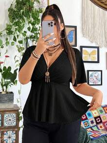 Vibekara Plus Size V-Neck Ruffle Sleeve Short Sleeve Women Solid Color Criss-Cross Wrap Casual Hem T-Shirt - Black - View 6