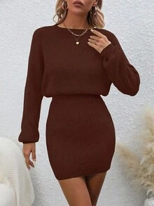 EMERY ROSE Women's Casual Loose Fit Solid Color Round Neck Drop Shoulder Long Sleeve Knitted Dress, Autumn - Coffee Brown - View 3