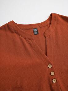 EMERY ROSE 2pcs/Set Plus Size Women's Summer Solid V-Neck Cuffed Sleeve Shirt And Wide Leg Pants Casual Set - Rust Brown - View 5