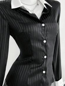 Elamini 1 pezzo Camicia casual a maniche lunghe da donna con bottoni davanti, a righe colorate e texture, adatta per l'uso quotidiano, autunno/inverno - nero - Visualizzare 4