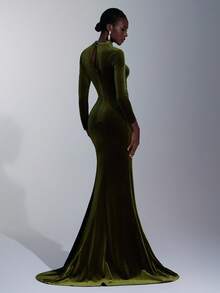 Elitara Elegant Velvet Handmade Rhinestone Decor Long Sleeve Round Neck Mermaid Hem Dress,Asymmetric Pleated Waist Fitted Gown For Weddings,Galas & Formal - Army Green - View 3