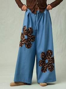 SHEIN VCAY 大码女裤，秋冬时尚休闲裤，适合办公室穿着，动物纹印花阔腿裤，外出穿着，饰有刺绣贴片，复古风格，适合教师工作穿着，西部波西米亚乡村风。 - 藍色 - 查看 6