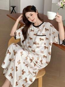 DAZY 小狗印花刺绣撞色边宽松女式睡袍睡衣 - 杏色 - 查看 3