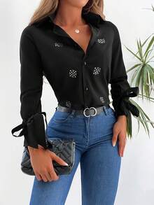 EURMUSE Women's Solid Color Drop Shoulder Fitted Rhinestone Embellished Long Sleeve Casual Shirt - Black - View 5