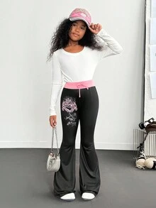 Tween Girls' Casual Printed Drawstring Flare Sweatpants - Multicolor - View 6