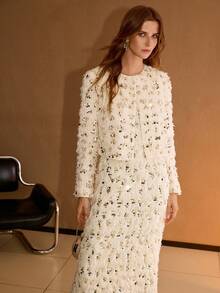 MOTF PREMIUM BOXY ROUND NECK SEQUIN FURRY JACKET - Apricot - View 5