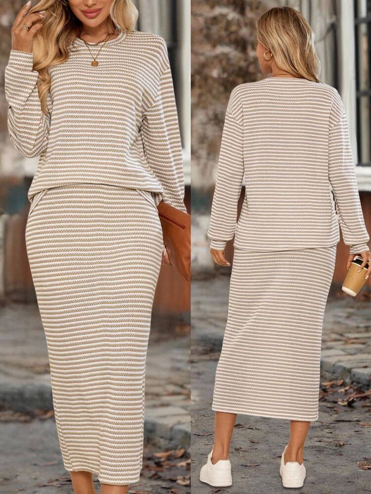 Women's Casual Striped Crew Neck Long Sleeve Top And Skirt 2-Piece Set, Autumn Omen's Full Print Round Neck Long Sleeve High-Low Hem Top And Skirt Loose 2 Pieces Set Two Pieces Set Women Blouse And Skirt Set Women Ladies Casual Skirt Set Women Two Pieces Outfit Casual Suit 2pcs Summer Fall Women Clothes Fall Clothes For Women Fall Outfits Women Autumn Clothes Fall Outfits Autumn Winter Clothes For Women Winter Business Casual Woman Business Casual Outfits Women Country Country Outfits Women Old Money Basic Teacher Outfits For Women Going Out Tops Women Back To School Fall Women Clothes