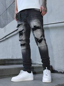 Manfinity EMRG Quần Jeans Denim Miếng Dán Cho Nam, Quần Ôm Vừa Phong Cách Đường Phố - màu đen - Xem 7