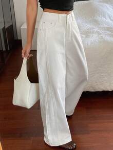 DAZY 女士休闲宽松高腰白色牛仔裤 - 卡其色 - 查看 1