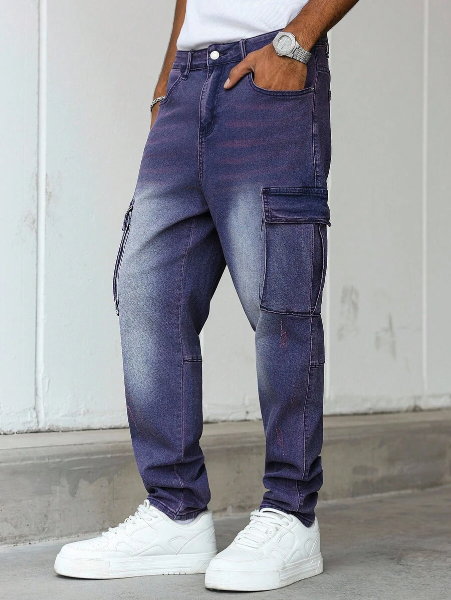 Manfinity Homme 男士直筒宽松休闲工装牛仔裤 - 紫色 - 查看 1