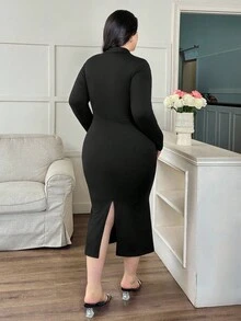 Modelyn Women's Fashionable Casual Elegant Solid Color Knit Plus Size Dress - Black - View 2