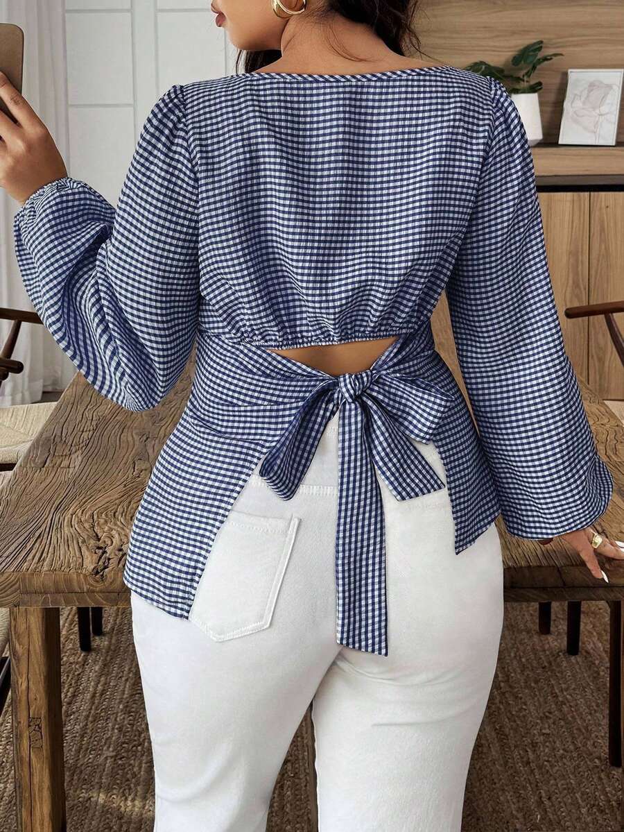 Weeklong Plus Size Women Plaid Lantern Sleeve Tie Back Waist Fashion Shirt - Blue and White - View 1