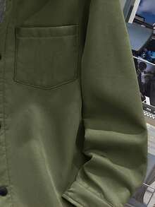 SHEIN Tween Boys' Casual Korean Style Cute Chest Patch Pocket Thermal Lined Woven Jacket Fall Winter - Army Green - View 3