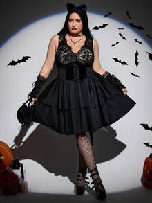 SHEIN CURVE+ Váy dự tiệc ngắn xòe ren ôm sát cổ chữ V cỡ lớn cho nữ, phong cách Gothic, phù hợp cho lễ Halloween Váy phù thủy Váy ren cỡ lớn Váy ma cà rồng/Mùa thu/Đông - màu đen - Xem 7