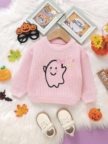 SHEIN Vintaside Kids 女婴万圣节休闲紫色毛衣，带有幽灵和花卉图案，柔软舒适，适合日常、郊游、旅行、度假、居家、日托、玩耍、派对、万圣节 - 粉色 - 查看 5