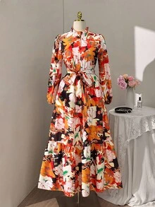 Sweetra Damen Große Größen elegantes romantisches Blume Muster Rüschenkragen Puffärmel Gürtel Schleife Lagen-Volantrock Halb offene Front Elastischer Bund Lässig Langarm Party Maxikleid - Verschiedenfarbig - Übersicht 1