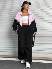 SHEIN EZwear Plus Size Women Casual Sports Style Contrast Color Zipper Jacket In Fall/Winter