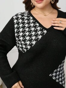 Modelyn 秋季大码女式优雅V领拼接千鸟格长袖针织连衣裙 - 黑與白 - 查看 6