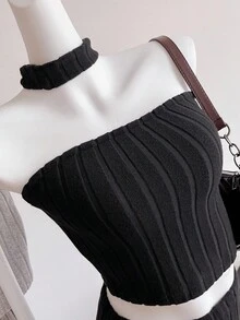 Sweetra Young Bộ áo ống dệt kim dự tiệc phong cách đường phố giản dị dành cho thiếu nữ và quần ống loe, áo phông đa năng ôm sát - Nhiều màu - Xem 3