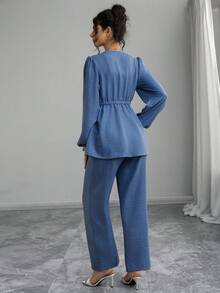 Momance 2pcs Maternity Set: Long Sleeve Shirred Button Front Cardigan With Shirred Waist Design, Loose Fit Maternity Pants - Blue - View 2