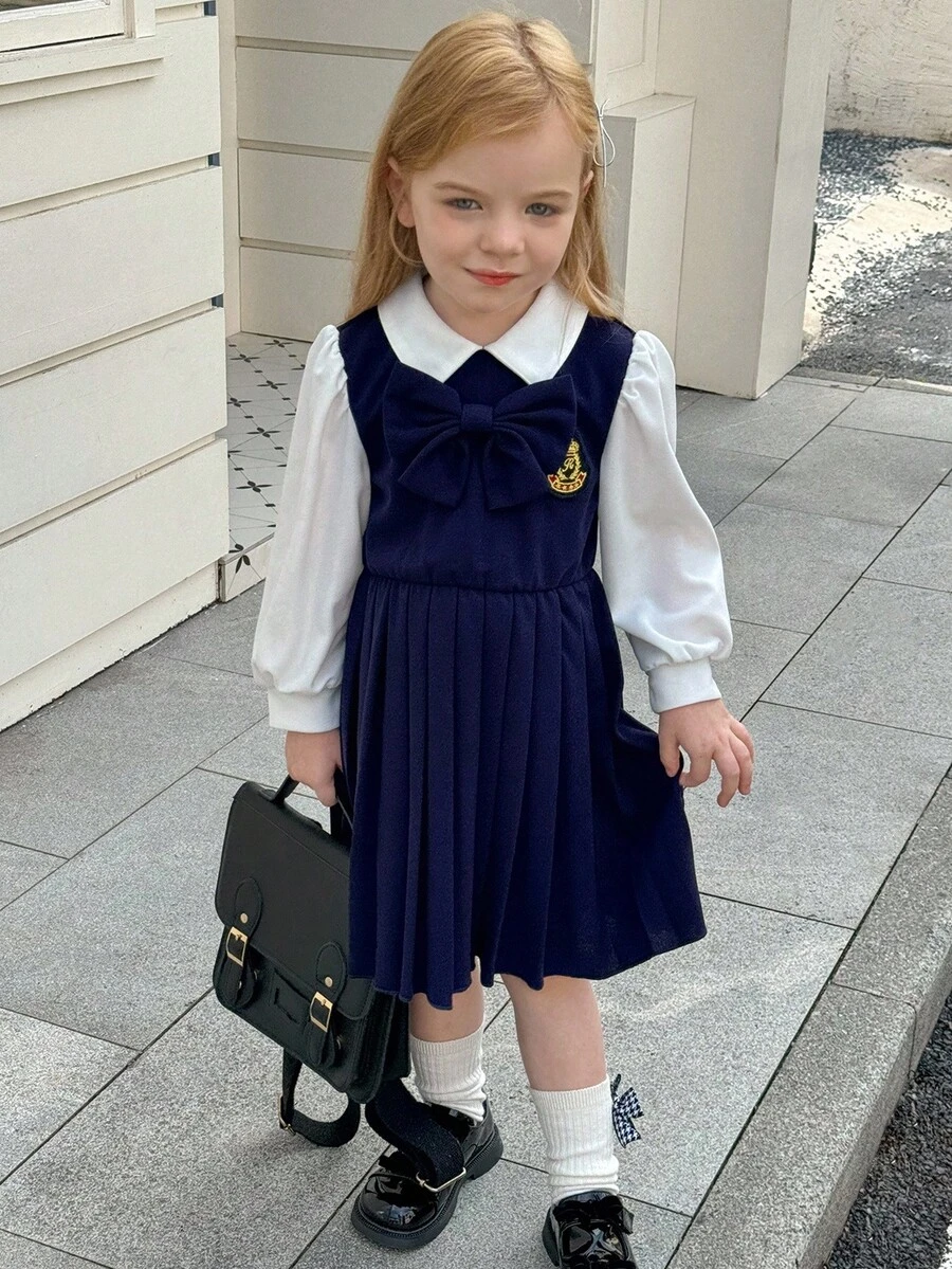 SHEIN Playful Pals Gaun Lengan Panjang 2-in-1 Warna Biru Tua Gaya Sekolah untuk Anak Perempuan, Gaun Lengan Mengembang dengan Pita Warna Kontras untuk Hari Karier Musim Gugur, Cocok untuk Kembali ke Sekolah, Acara Karier, dan Hari Karier. - Navy Blue - View 1