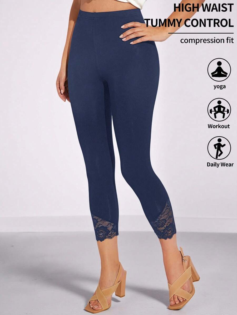 Amorya Women's Solid Color Minimalist High Waist Lace Patchwork Leggings