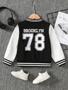 SHEIN Genkimix Kids 1 件装小男孩休闲棒球夹克，带字母和数字印花，长袖，适合 4-7 岁男孩的日常穿着、运动、郊游、返校 - 黑色 - 查看 2