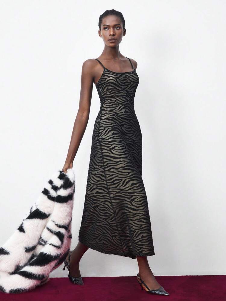 SHEIN Maija Women's Black Zebra Print Flocked Fabric Special Texture Sleeveless Crew Neck Backless Fitted Waist Dress With Nude Lining, Sophisticated Business Casual Office Wear, Low-Key Vintage Vibe, Versatile For Urban Commute, Social Events, Vacation, Party Off The Shoulder Fall Dresses For Women High-End, Elegant, Old-Fashioned Cruise Clothing Modern Urban Casual Fashion Business Casual Women's Office Wear Low-Key Old Money Style Effortless Off The Shoulder Animal Print Christmas Women's Clothing