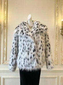 SHEIN MOD 女式冬季仿毛领长袖时尚黑白豹纹夹克 - 黑與白 - 查看 7