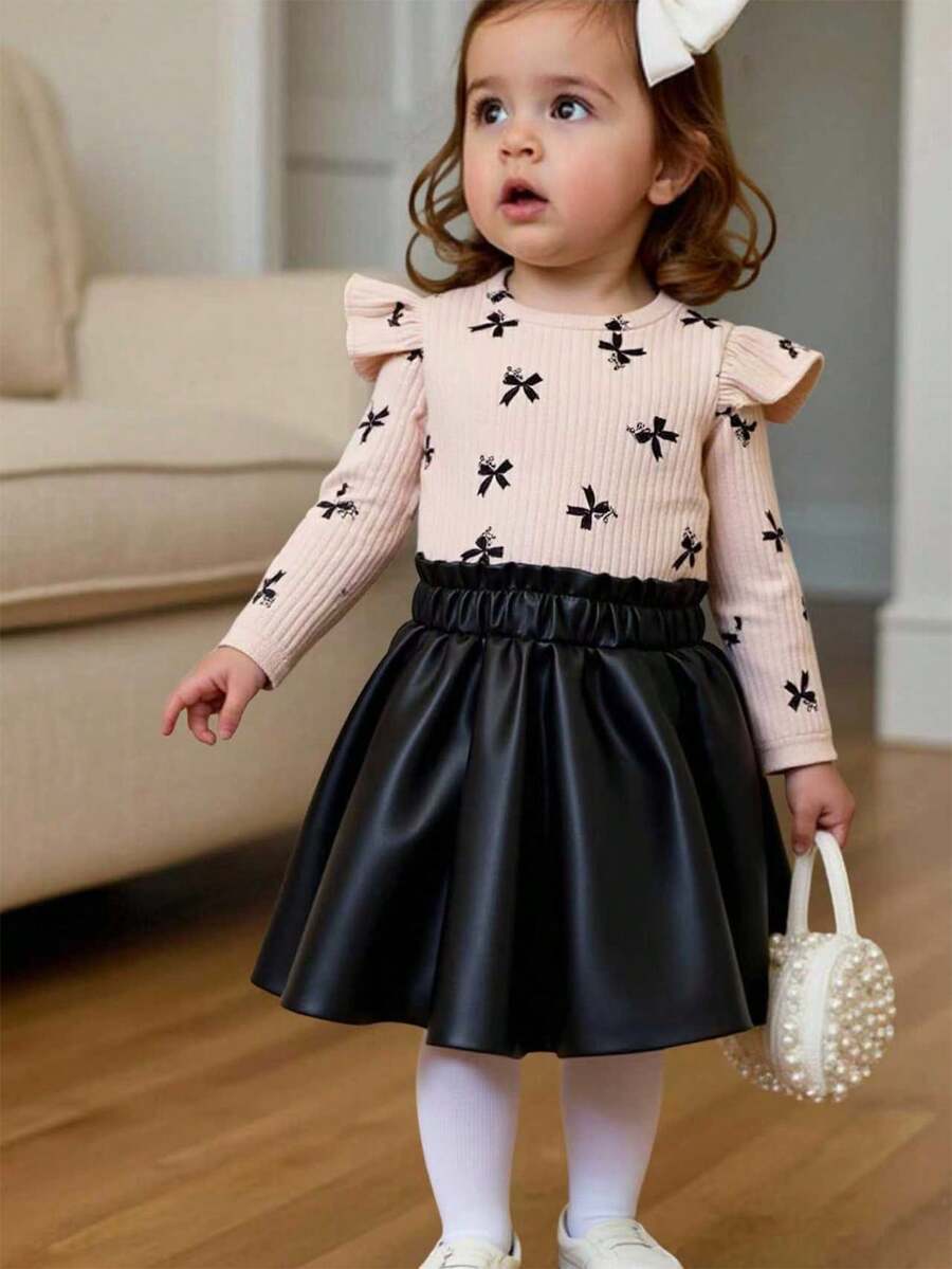 Elladie kids 两件套女童甜美蝴蝶结印花圆领荷叶袖T恤+高腰半身裙，春秋/秋冬 - 杏色 - 查看 1