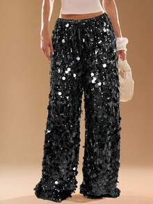 SHEIN BAE Quần ống rộng ống rộng thắt eo sequin thời trang cho nữ - màu đen - Xem 1