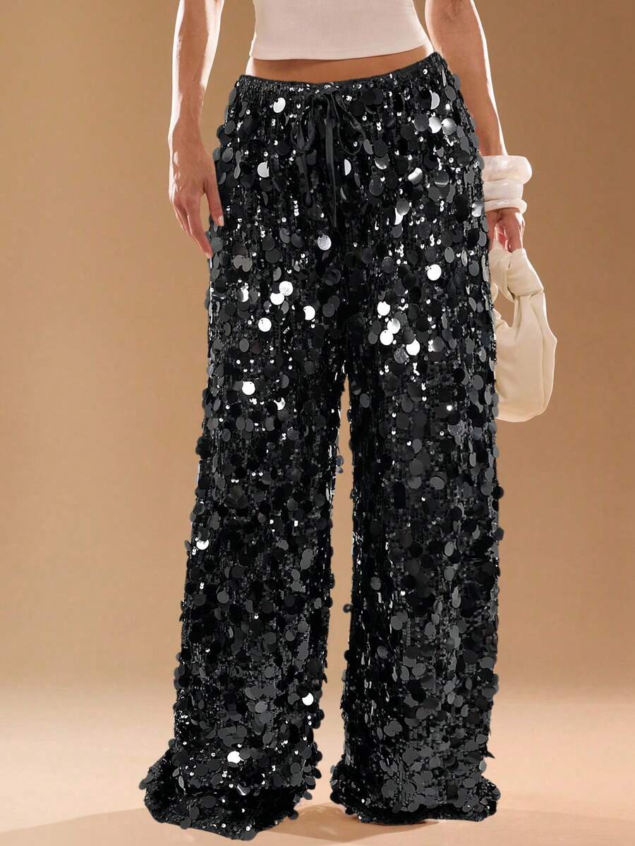 SHEIN BAE Quần ống rộng ống rộng thắt eo sequin thời trang cho nữ - màu đen - Xem 1