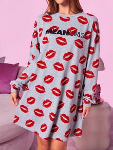 Mean Girls | SHEIN Abito da notte con stampa a labbra e motivo a lettere, scollo a goccia, per l'autunno, da donna - Grigio - Visualizzare 1